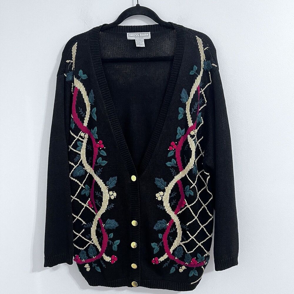 Dressbarn Christmas Cardigan Sweater Size 18/20 Black Mistletoe Embroidered